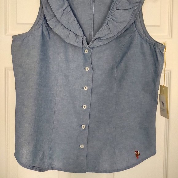 U.S. Polo Assn. Chambray Sleeveless Blouse with Ruffled Collar - Picture 2 of 5